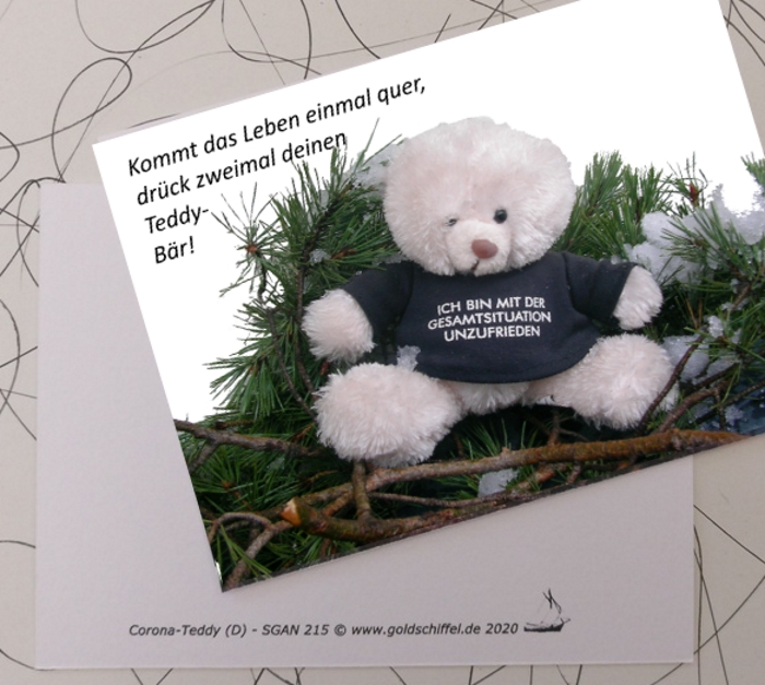 Postkarte: vergrätzt kuckender Teddy mit Spruch UNZUFRIEDEN auf dem T-Shirt